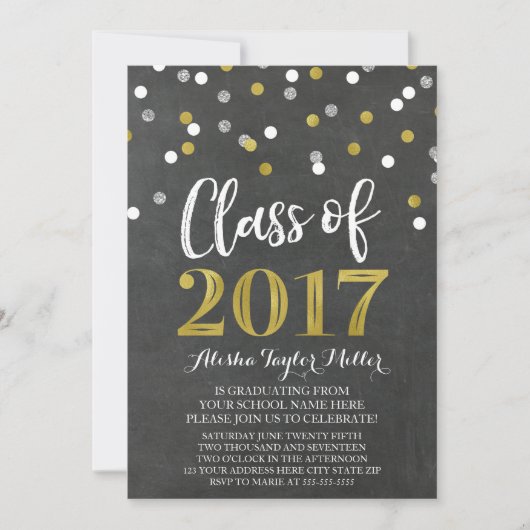 Chalkboard Silver Gold Confetti Graduation Party Kaart (Voorkant)