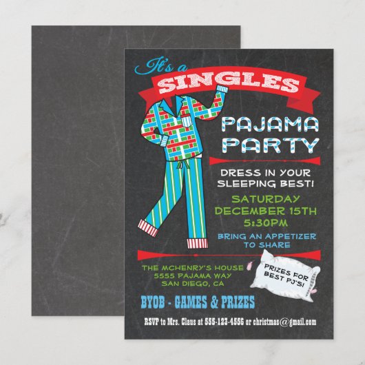 Chalkboard Singles Pajama Party Kaart (Voorkant / Achterkant)