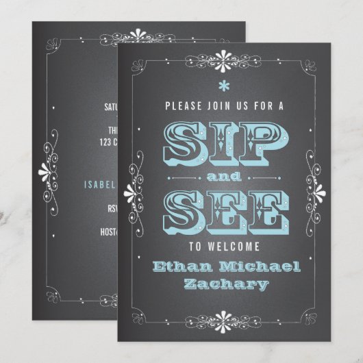 Chalkboard Sip en See Baby BoyInvitation Kaart (Voorkant / Achterkant)