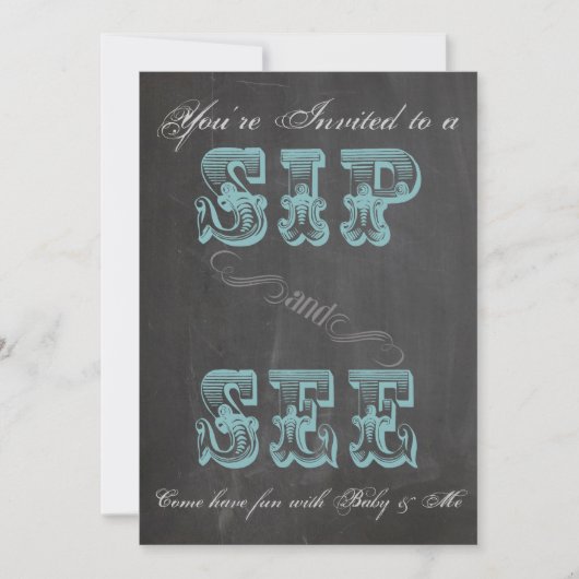 Chalkboard Sip en See Blue Baby shower Invite Kaart (Voorkant)