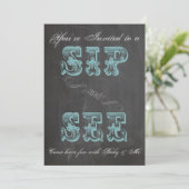 Chalkboard Sip en See Blue Baby shower Invite Kaart (Staand voorkant)