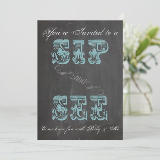 Chalkboard Sip en See Blue Baby shower Invite Kaart (Staand voorkant)