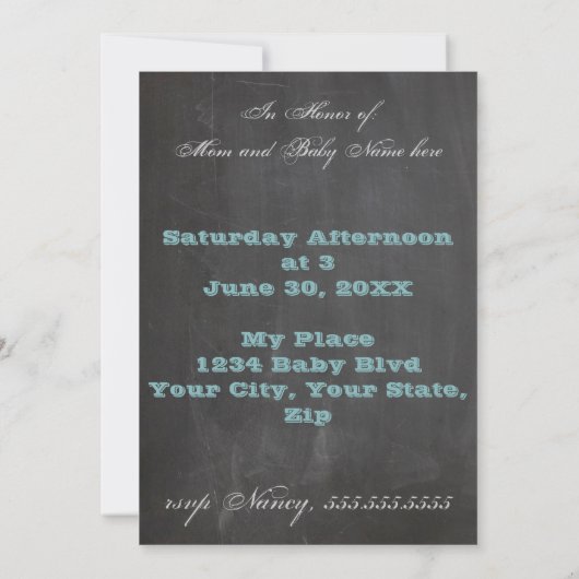 Chalkboard Sip en See Blue Baby shower Invite Kaart (Achterkant)