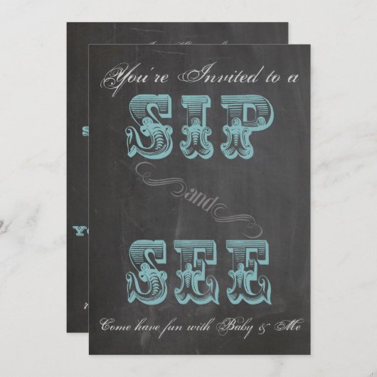 Chalkboard Sip en See Blue Baby shower Invite Kaart (Voorkant / Achterkant)