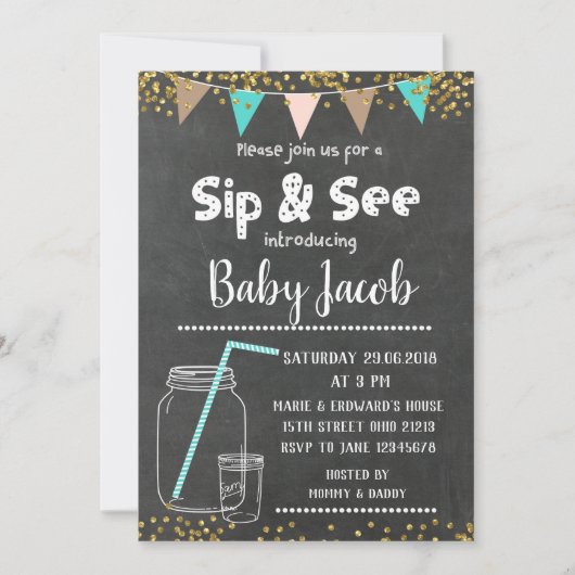 Chalkboard Sip en zie baby shower uitnodiging (Voorkant)