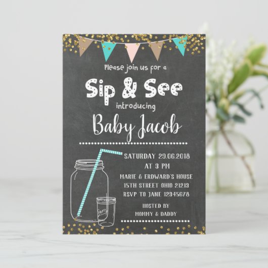 Chalkboard Sip en zie baby shower uitnodiging (Staand voorkant)