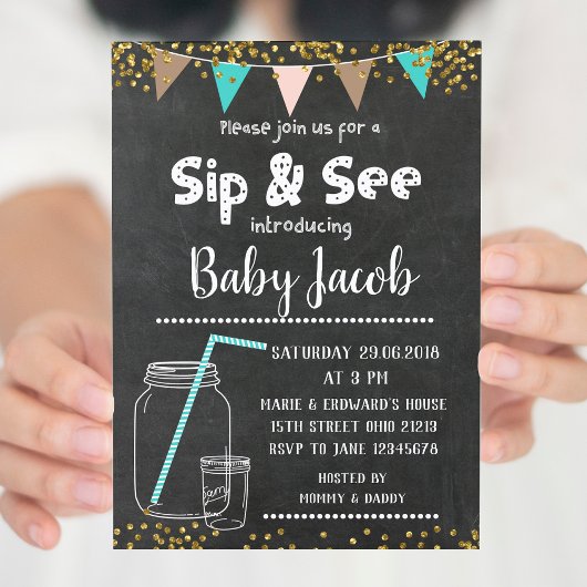 Chalkboard Sip en zie baby shower uitnodiging