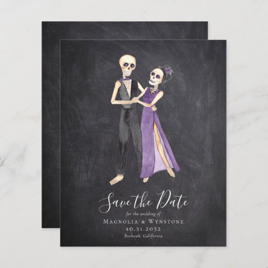 Chalkboard Skeleton Couple Halloween Save the Date (Voorkant / Achterkant)