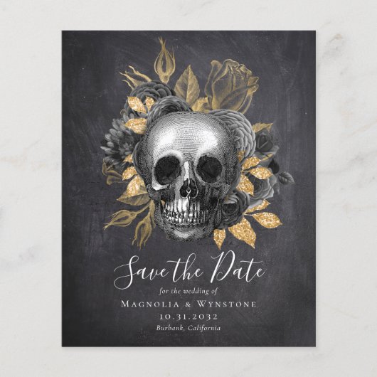 Chalkboard Skull Gold Halloween Save the Date (Voorkant)