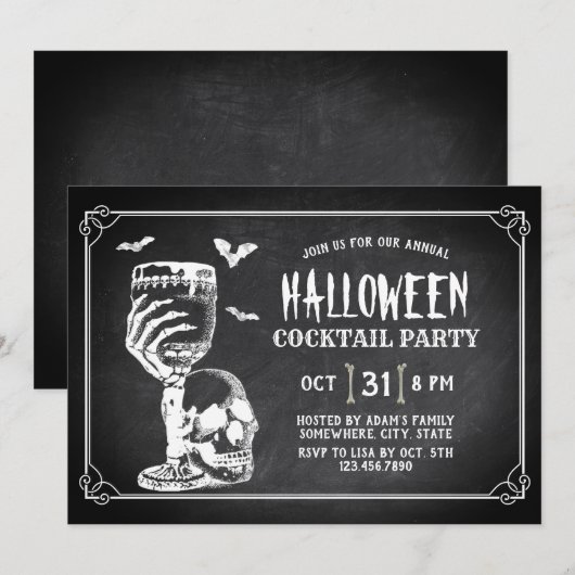 Chalkboard Skull Halloween Cocktail Party Kaart (Voorkant / Achterkant)