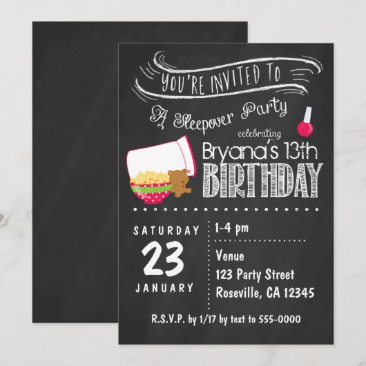 Chalkboard Sleepover Verjaardagsfeestuitnodigingen Kaart (Voorkant / Achterkant)