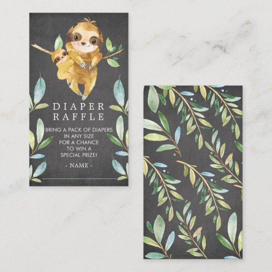 Chalkboard Sloth Baby shower Luier Raffle Ticket Informatiekaartje (Voorkant / Achterkant)