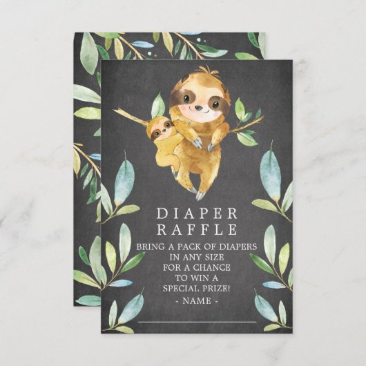 Chalkboard Sloth Baby shower Luier Raffle Ticket Informatiekaartje (Voorkant / Achterkant)