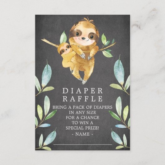 Chalkboard Sloth Baby shower Luier Raffle Ticket Informatiekaartje (Voorkant)