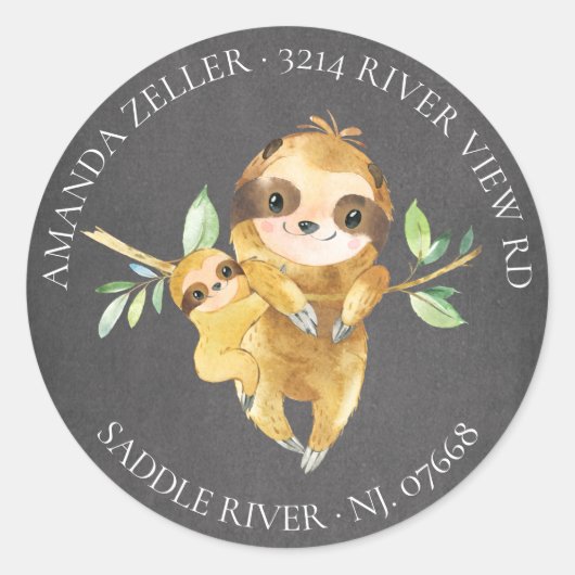 Chalkboard Sloth Baby shower Retouradreslabel Ronde Sticker (Voorkant)