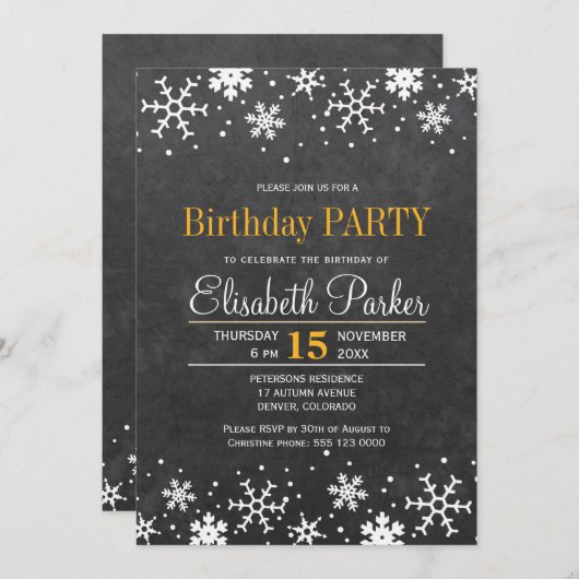 Chalkboard sneeuwvlokken rustieke verjaardagsfeest kaart (Voorkant / Achterkant)