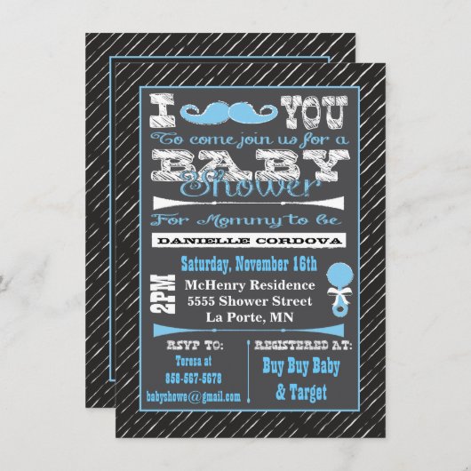 Chalkboard snor jongen baby douche uitnodigingen (Voorkant / Achterkant)