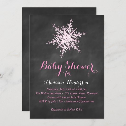 Chalkboard Snowflake Baby shower Invitation - roze Kaart (Voorkant / Achterkant)