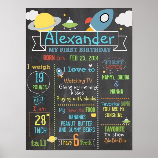 Chalkboard Space Party poster voor eerste verjaard (Voorkant)