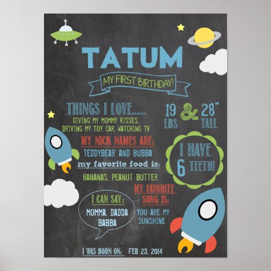 Chalkboard Spaceship personalized 1 year poster (Voorkant)