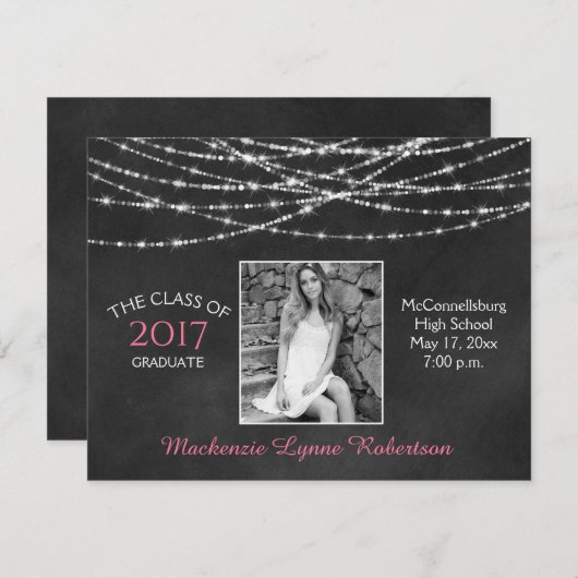 Chalkboard Sparkle String Lights Foto Afstuderen Aankondiging (Voorkant / Achterkant)