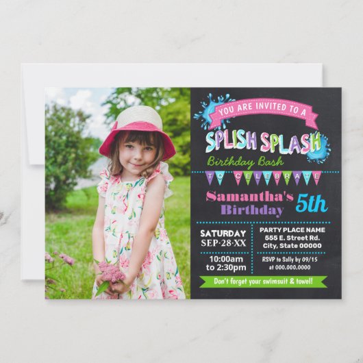 Chalkboard Splish splash Bashverjaardag roze foto Kaart (Voorkant)