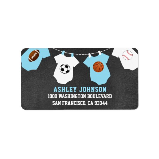 Chalkboard Sport Thema Blue Boy Baby shower Etiket (Voorkant)