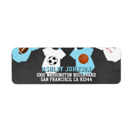 Chalkboard Sport Thema Blue Boy Baby shower Etiket