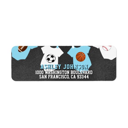 Chalkboard Sport Thema Blue Boy Baby shower Etiket (Voorkant)