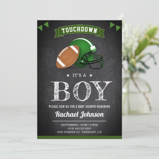 Chalkboard Sports Boy Football Baby shower Kaart (Staand voorkant)