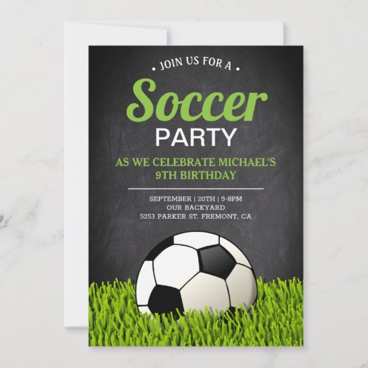 Chalkboard Sports Kinder Soccer Birthday Party Kaart (Voorkant)