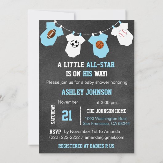 Chalkboard Sports Little ALL-STAR Baby shower Kaart (Voorkant)