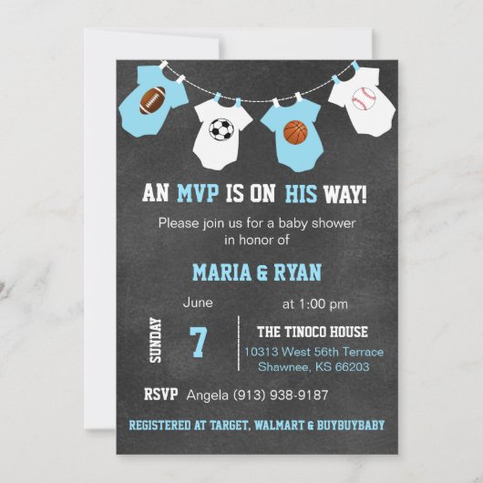 Chalkboard Sportthema Baby Shower-uitnodigingen Kaart (Voorkant)