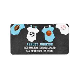 Chalkboard Sportthema Blue Boy Baby shower Etiket