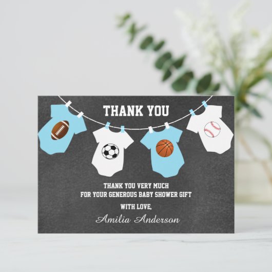 Chalkboard Sportthema THANK JE baby shower Bedankkaart (Staand voorkant)