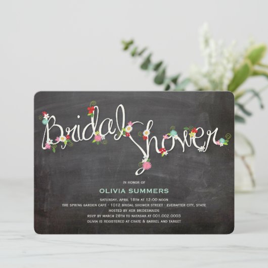 Chalkboard Spring Flowers Vrijgezellenfeest Invite Kaart (Staand voorkant)