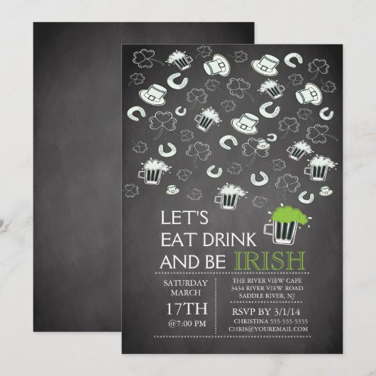 Chalkboard St Patrick's Day Party Invitation Kaart (Voorkant / Achterkant)