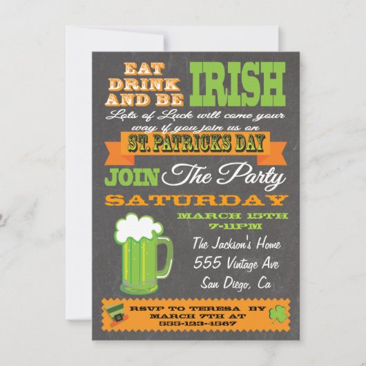 Chalkboard St. Patrick's Day Party Invitation Kaart (Voorkant)