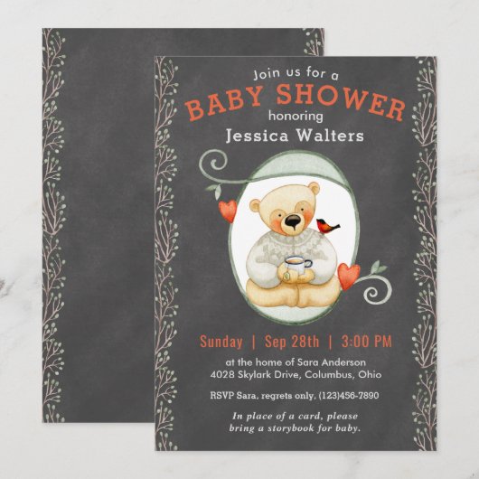 Chalkboard Story Book Teddy Bear Baby shower Kaart (Voorkant / Achterkant)