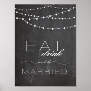 Chalkboard string lighs EAT drink bruiloft bord Poster