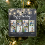 Chalkboard String Lights 8 Photo Holiday Keramisch Ornament<br><div class="desc">Happy Holiday rustic chalkboard achtergrond met koordlichtachtergrond die met 8 foto's kan worden aangepast.</div>