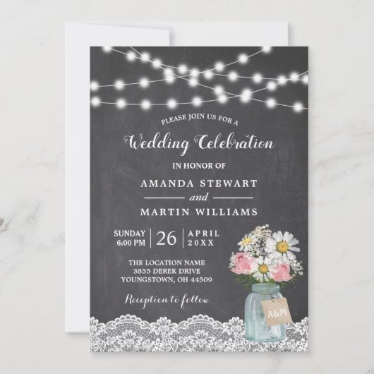 Chalkboard String Lights Baby's Breath Wedding Kaart (Voorkant)