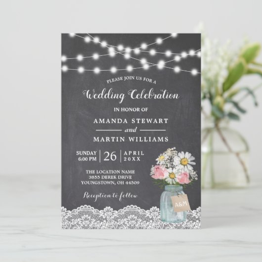 Chalkboard String Lights Baby's Breath Wedding Kaart (Staand voorkant)