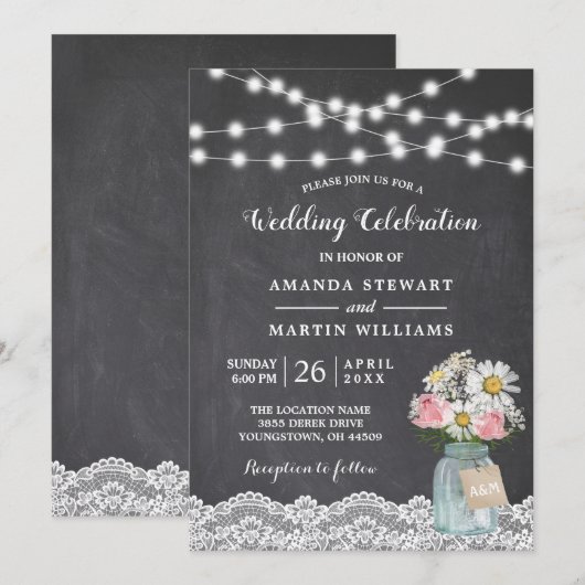 Chalkboard String Lights Baby's Breath Wedding Kaart (Voorkant / Achterkant)
