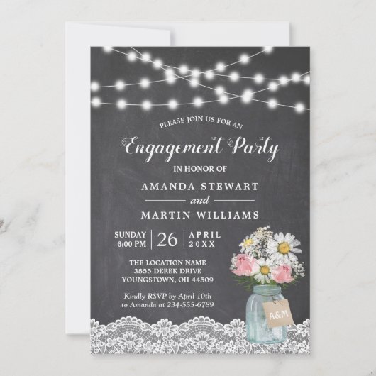 Chalkboard String Lights Floral Engagement Party Kaart (Voorkant)