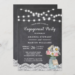 Chalkboard String Lights Floral Engagement Party Kaart
