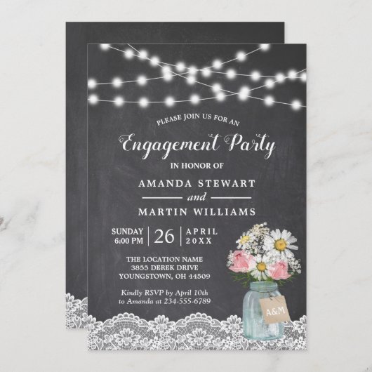 Chalkboard String Lights Floral Engagement Party Kaart (Voorkant / Achterkant)