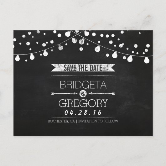 Chalkboard String Lights Rustic Save the Date Aankondigingskaart (Voorkant)