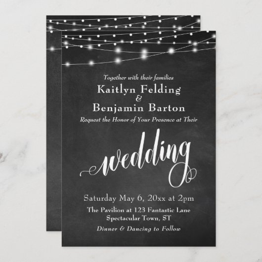 Chalkboard String Lights, Typografie Wedding Kaart (Voorkant / Achterkant)
