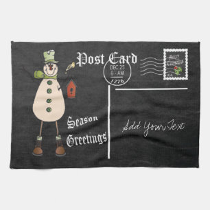 Chalkboard Style Green Snowman Briefkaart Design Theedoek